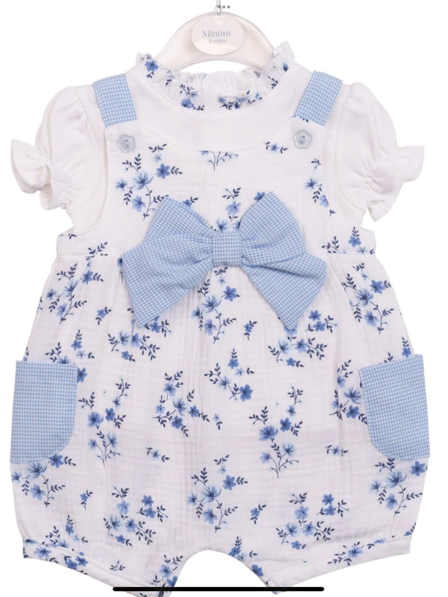 Top & Romper Dungaree - White/Blue Floral Gingham.  0326651