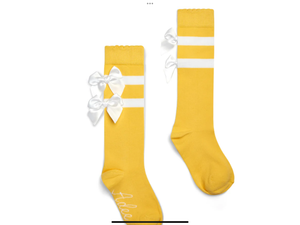 ADee DAWN Yellow & White Triple Bow Striped Knee High Socks 012570