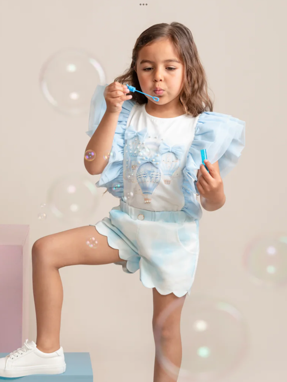 Fly Away Sky Blue Scalloped Shorts Set with Ruffled Sleeves 0325222