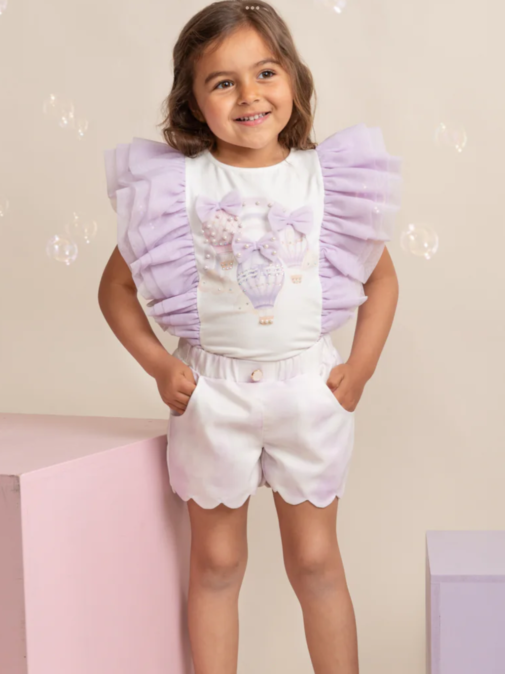 Caramelo kids Fly Away Lilac Scalloped Shorts Set with Ruffled Sleeves 0325223