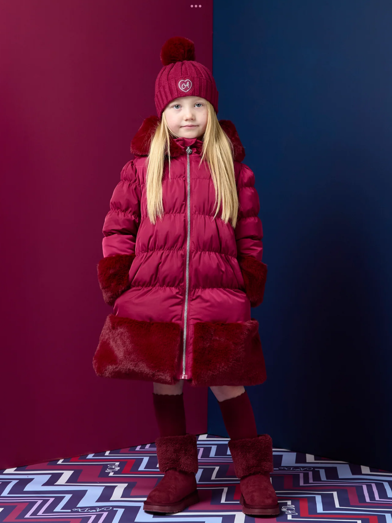 PREORDER A'Dee Girls Deep Cherry Fur Trim Coat 0726813