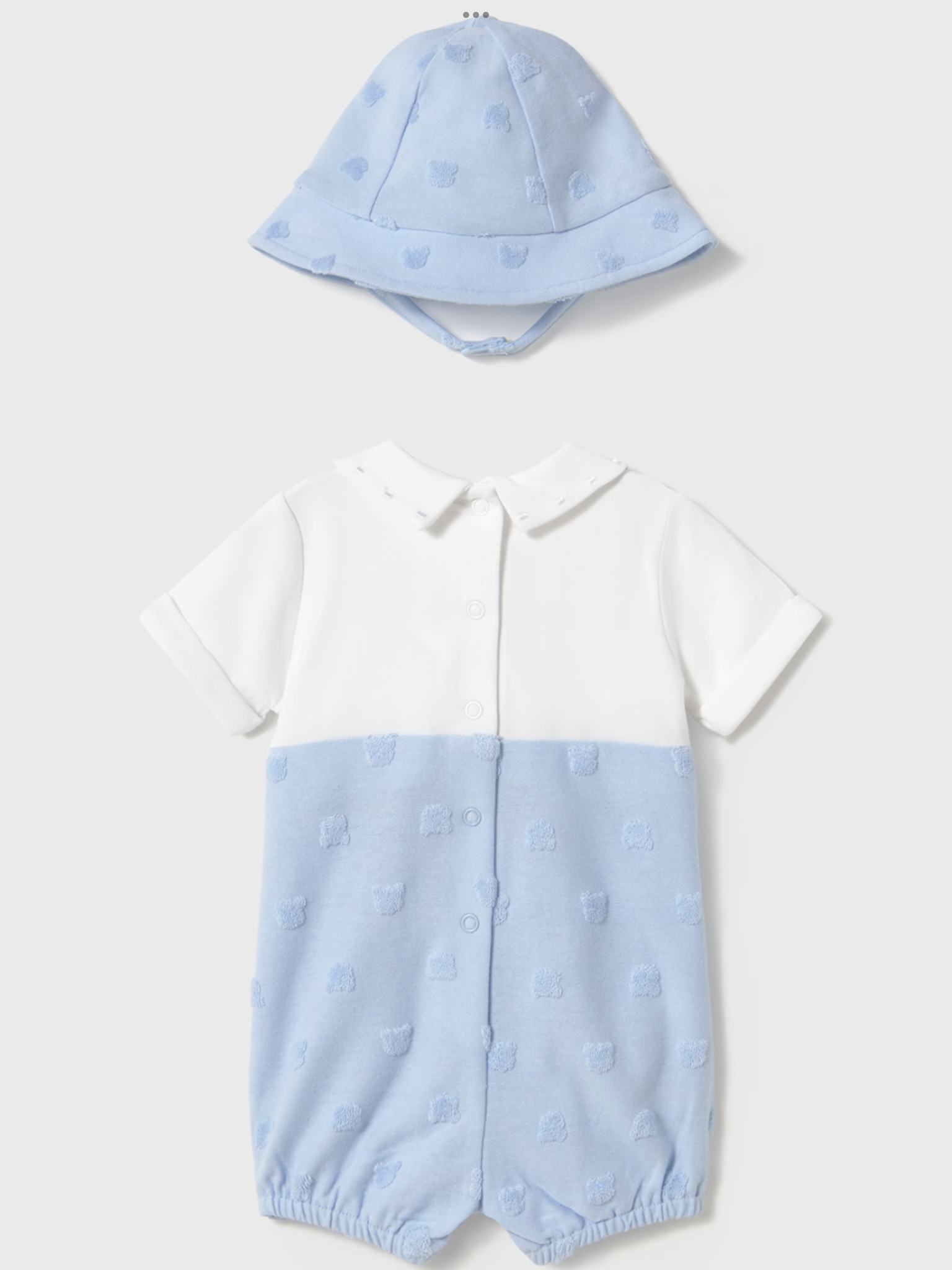 Newborn boy faux dungarees romper with bonnet 0425243