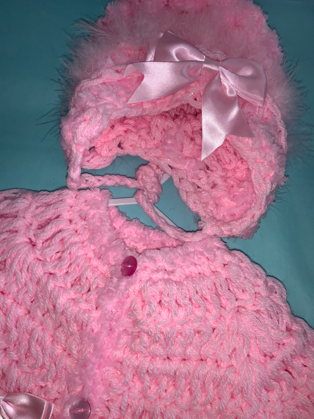 Hand crocheted cardigan and bonnet 0926837