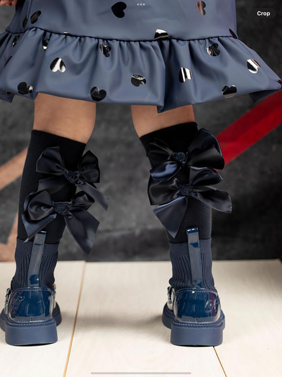 PRE ORDER A Dee BTS Poppy Satin Bow Knee High Sock - Navy Blue 0625324