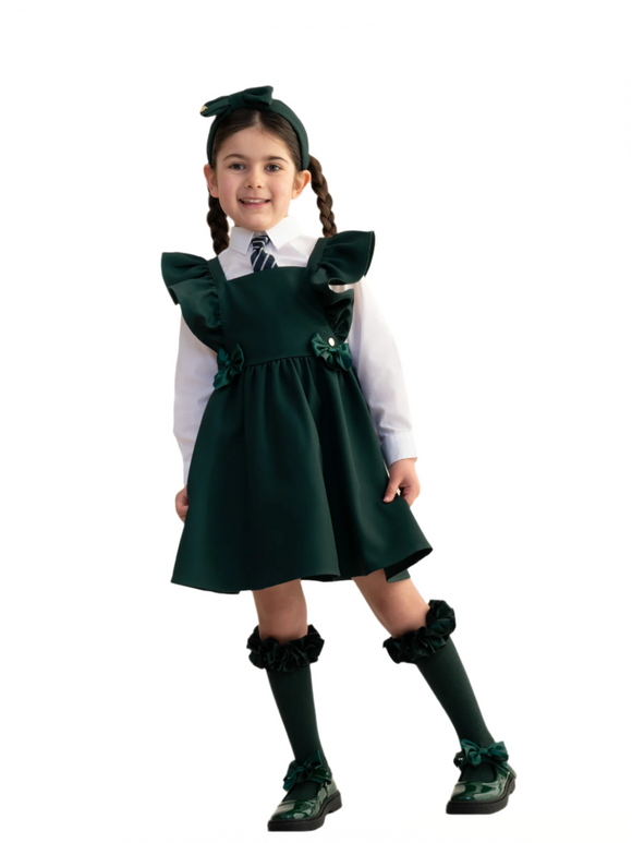 PRE ORDER. Caramelo Girls Bottle Green School Frill Pinafore With Bows 0625332