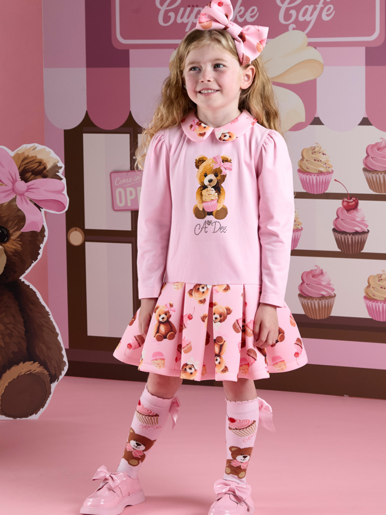 ADEE Girls Pink Dress With Bear On Front & Bear Printed Skirt & Collar - MEADOW 0725241