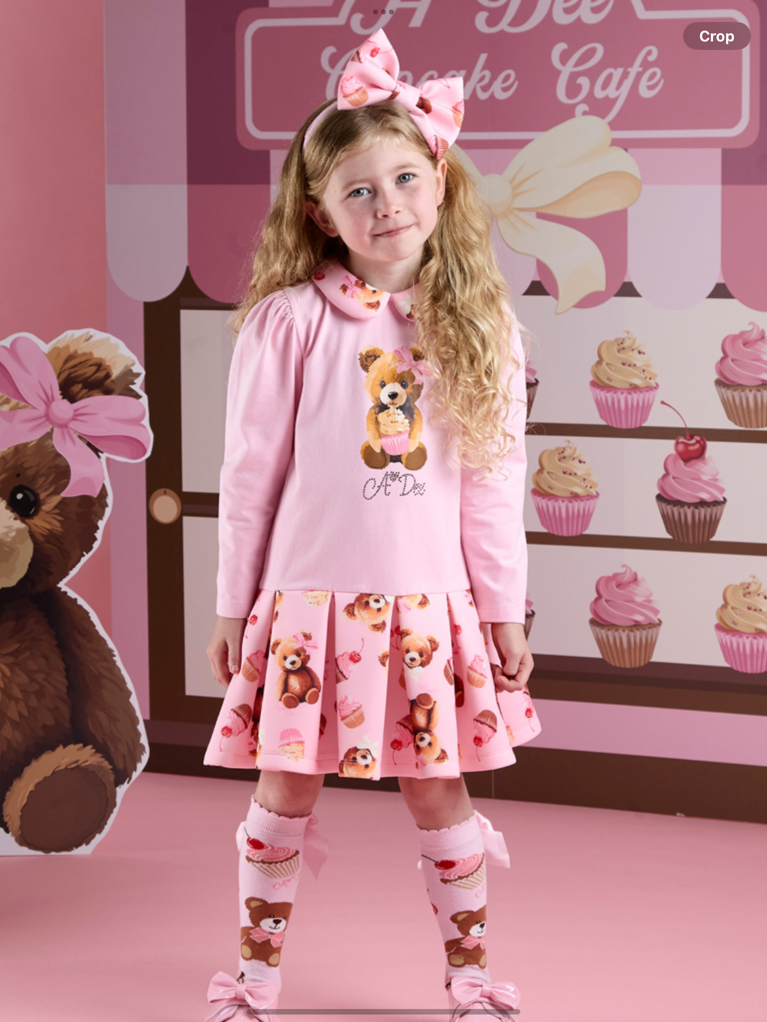 ADEE Girls Pink Dress With Bear On Front & Bear Printed Skirt & Collar - MEADOW 0725241
