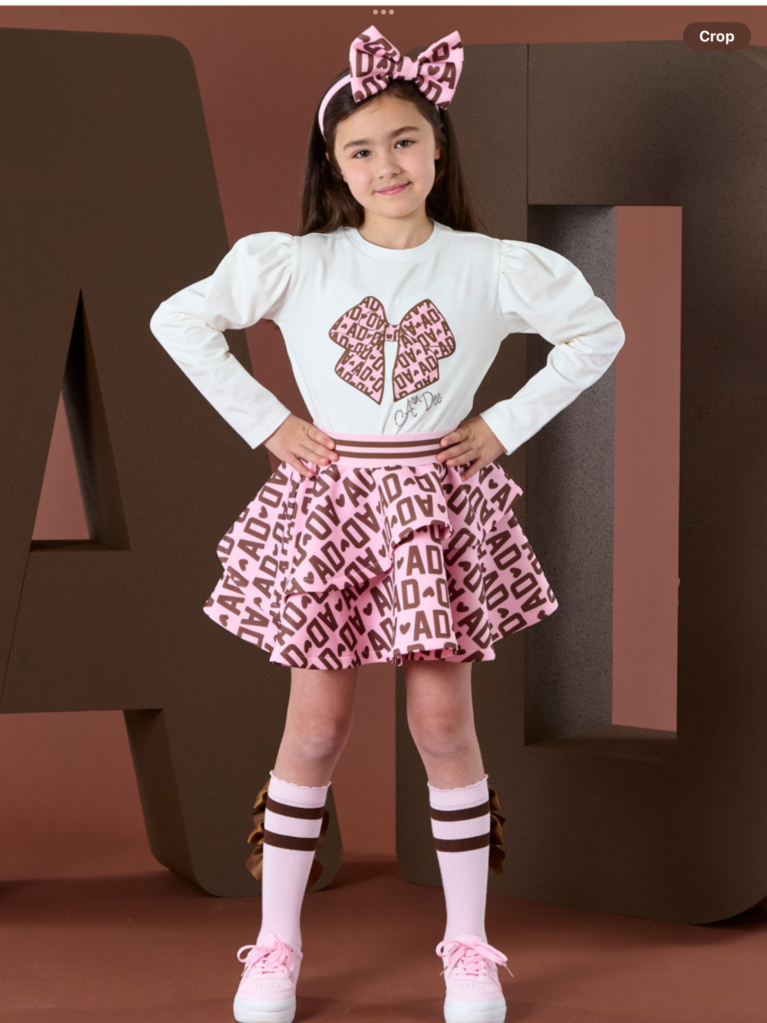 ADEE Girls White Top With Initial Printed Bow & Matching Initial Printed Skirt - MILAN )0725251