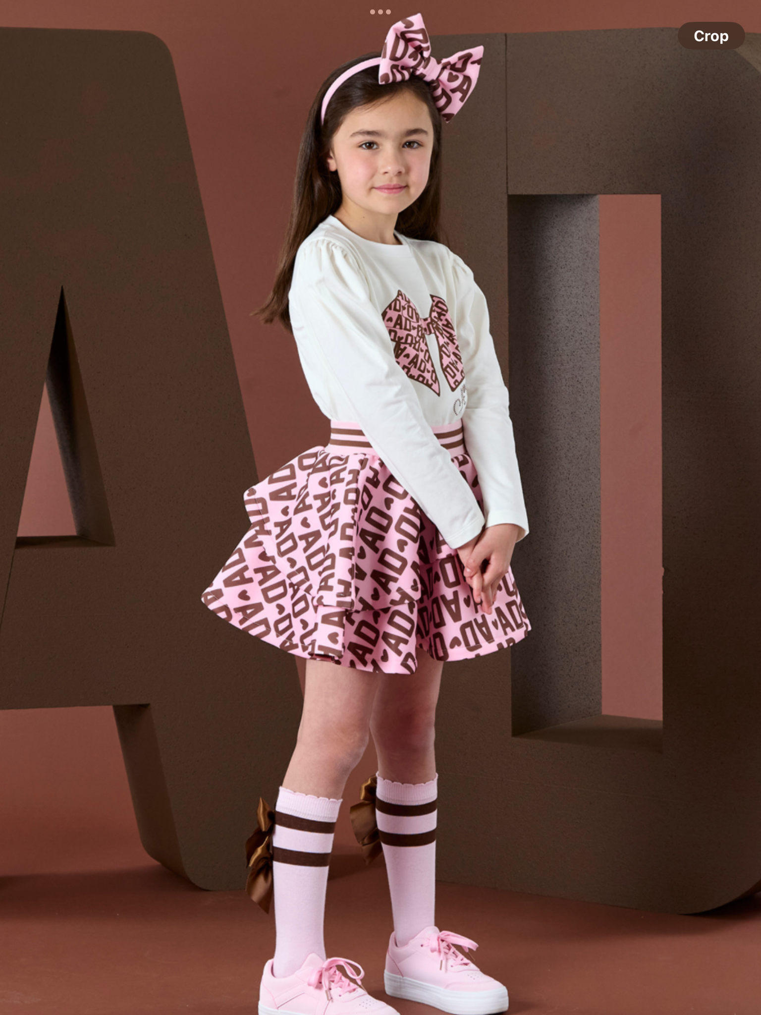 ADEE Girls White Top With Initial Printed Bow & Matching Initial Printed Skirt - MILAN )0725251