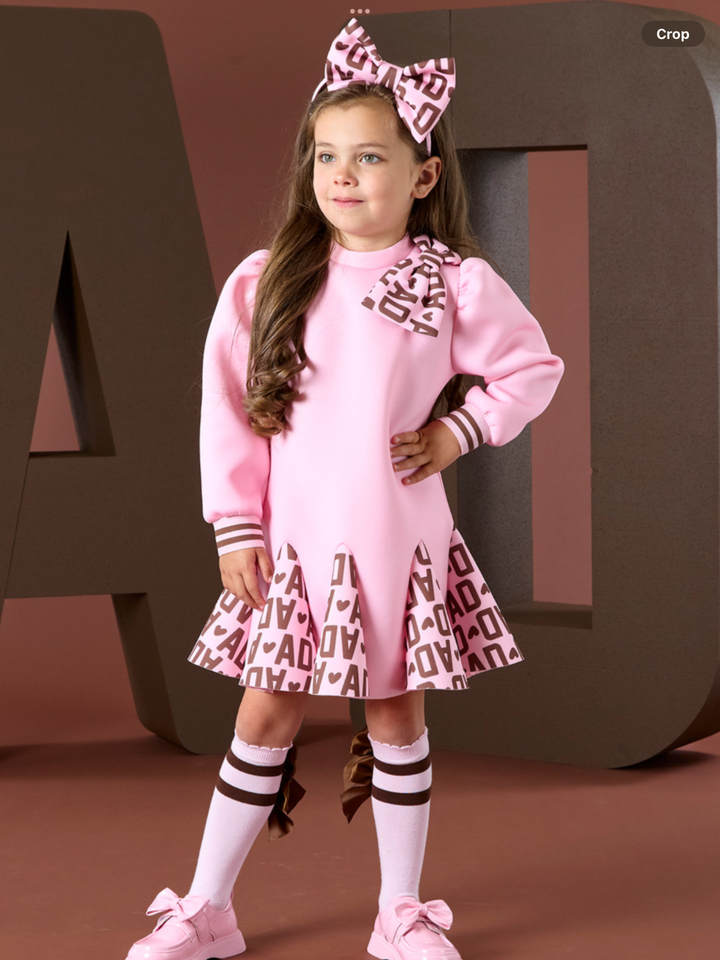 ADEE Girls Pink Dress With Initial Printed Cuffs, Skirt & Shoulder Bow - MAISIE 0725252