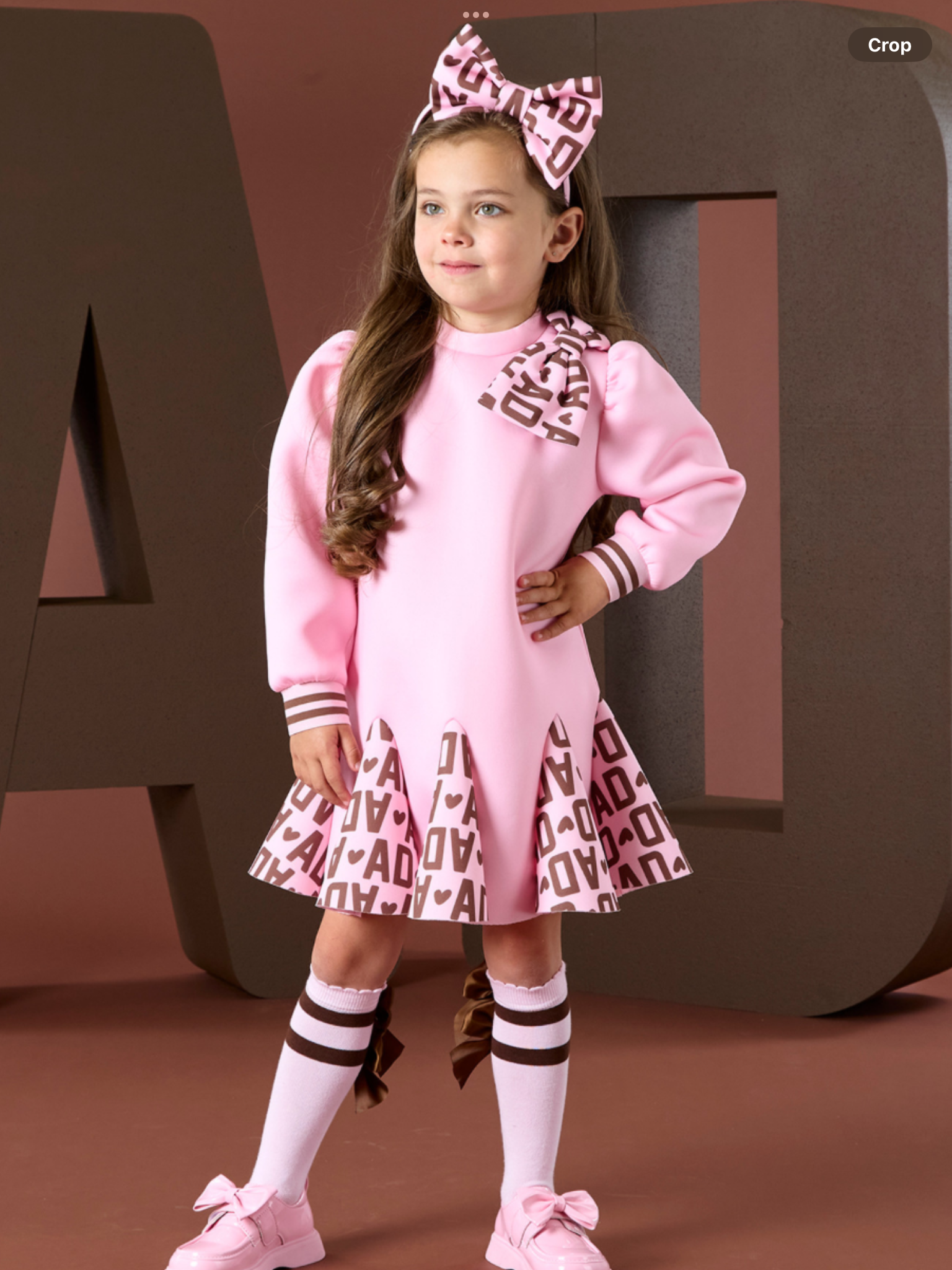 ADEE Girls Pink Dress With Initial Printed Cuffs, Skirt & Shoulder Bow - MAISIE 0725252