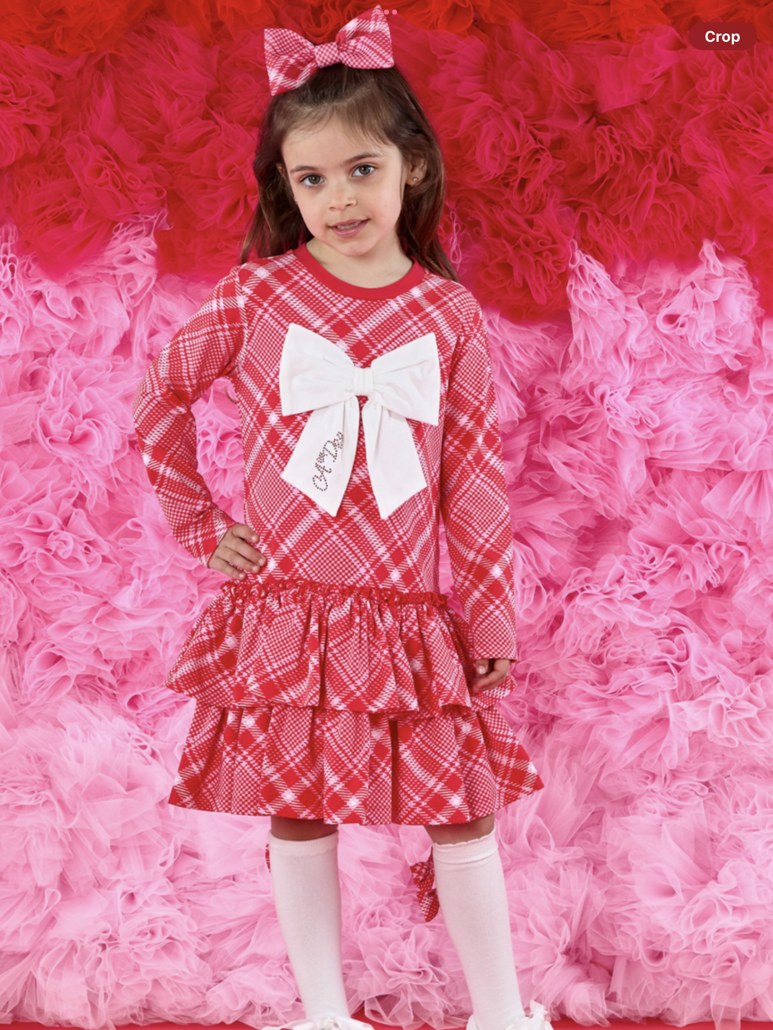 ADEE Girls Red Checked Dress With White Bow On Front & Frilled Skirt 0725264