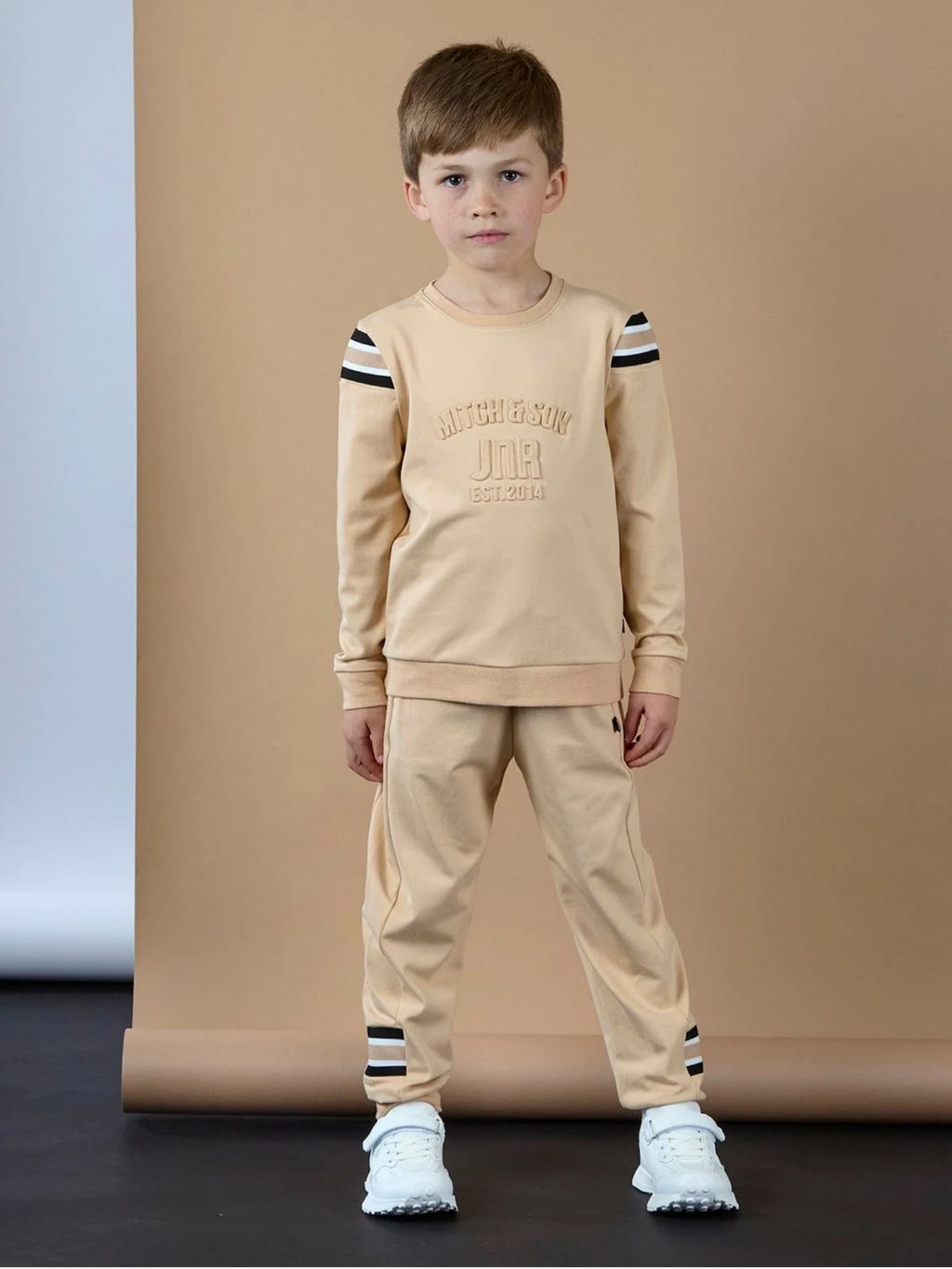 MITCH & SON MITCH & SONJNR Luis Embossed Crew Neck Tracksuit - Latte Beige 0725290