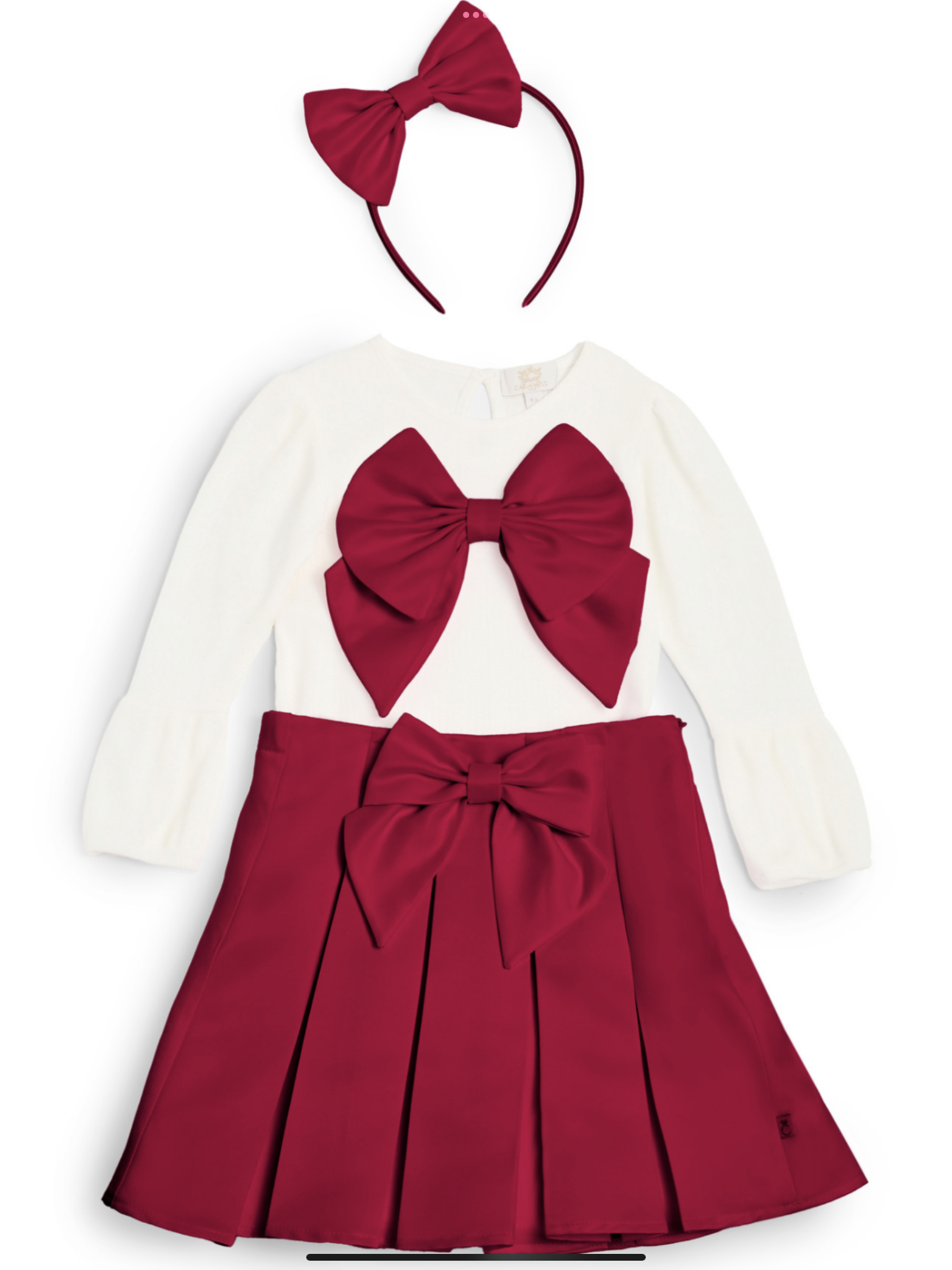 NEW SEASON Caramelo Girls Red Pleated Bow Skirt With Matching Ivory/Red Top & Matching Headband0825354M