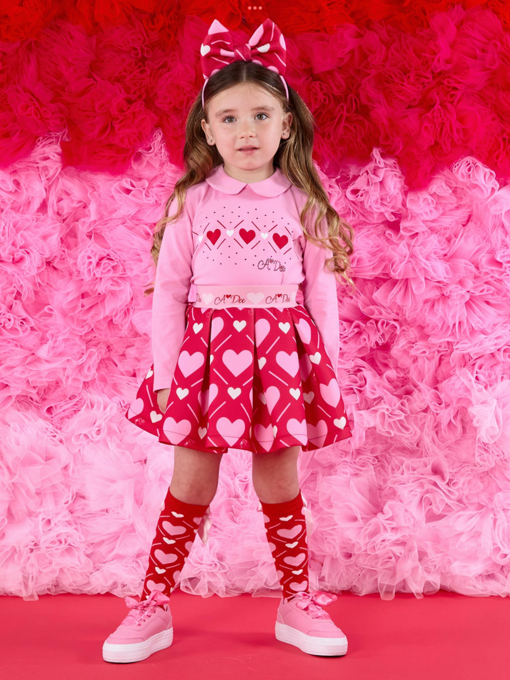 ADEE Girls White Collared Top With Heart Print & Matching Red Heart Printed Skirt - LYLA 0725266