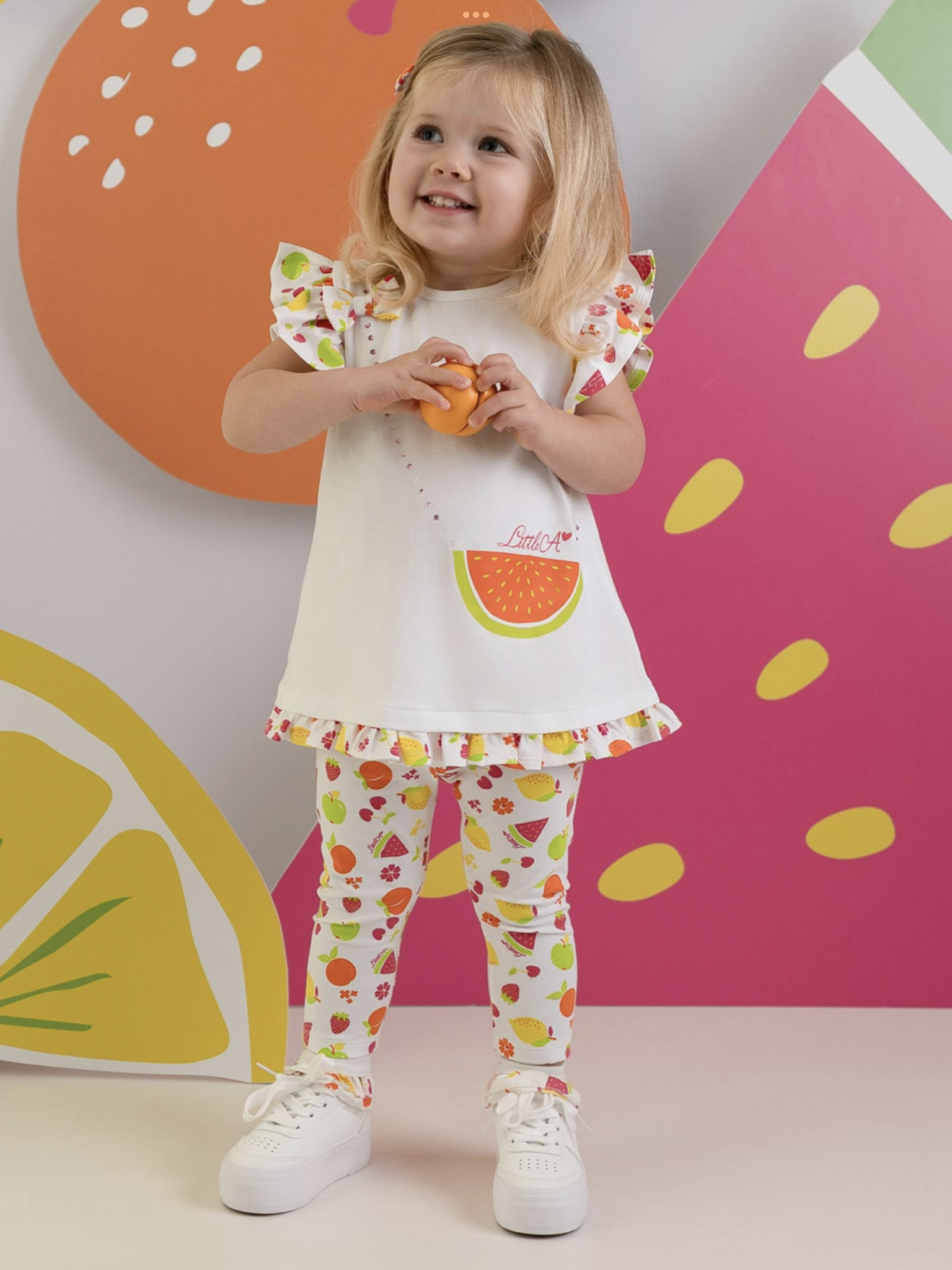 PRE ORDER Little A Baby Girls Cutie Frutti Palmer Print Legging Set - Bright White  0126488