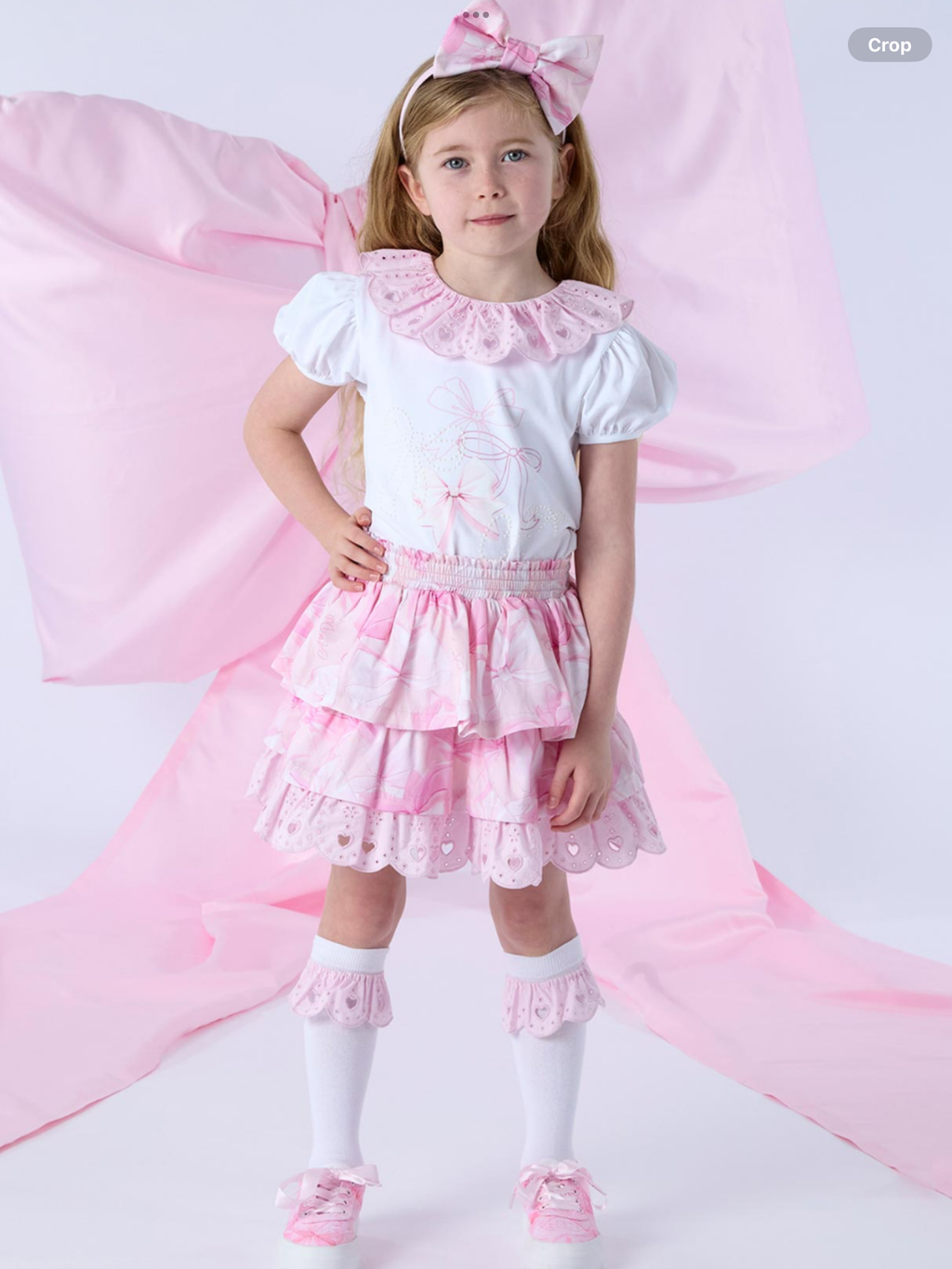 A Dee Bowtique Chic Riri Bow Print Skirt Set With Broderie Anglaise - Bright White   0126500