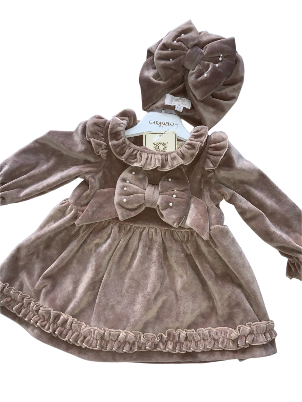 Caramelo kids beige velour dress and turban 092424540