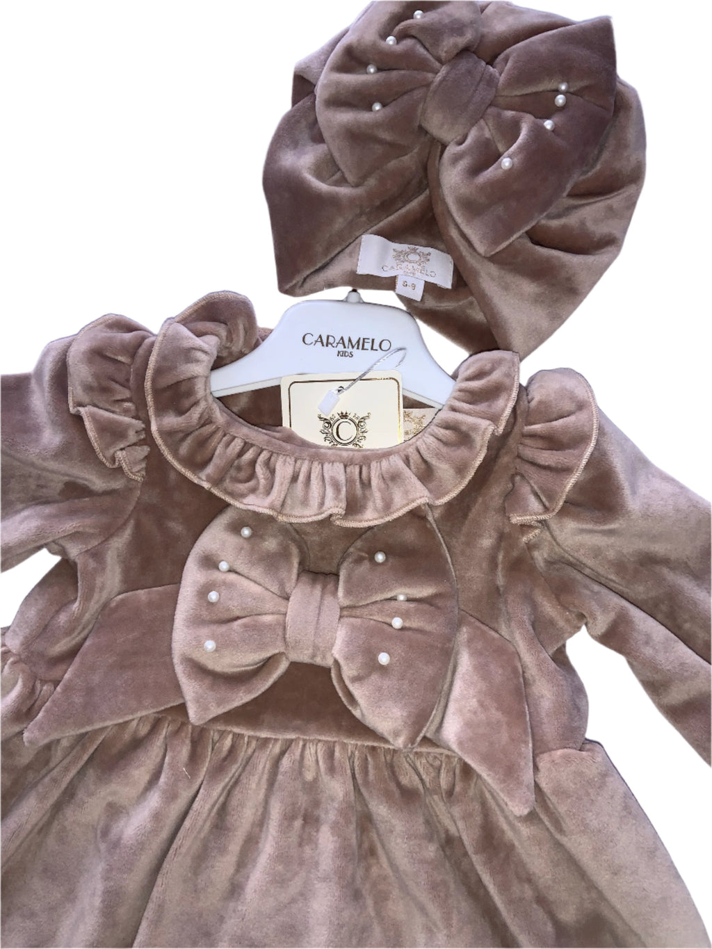Caramelo kids beige velour dress and turban 092424540