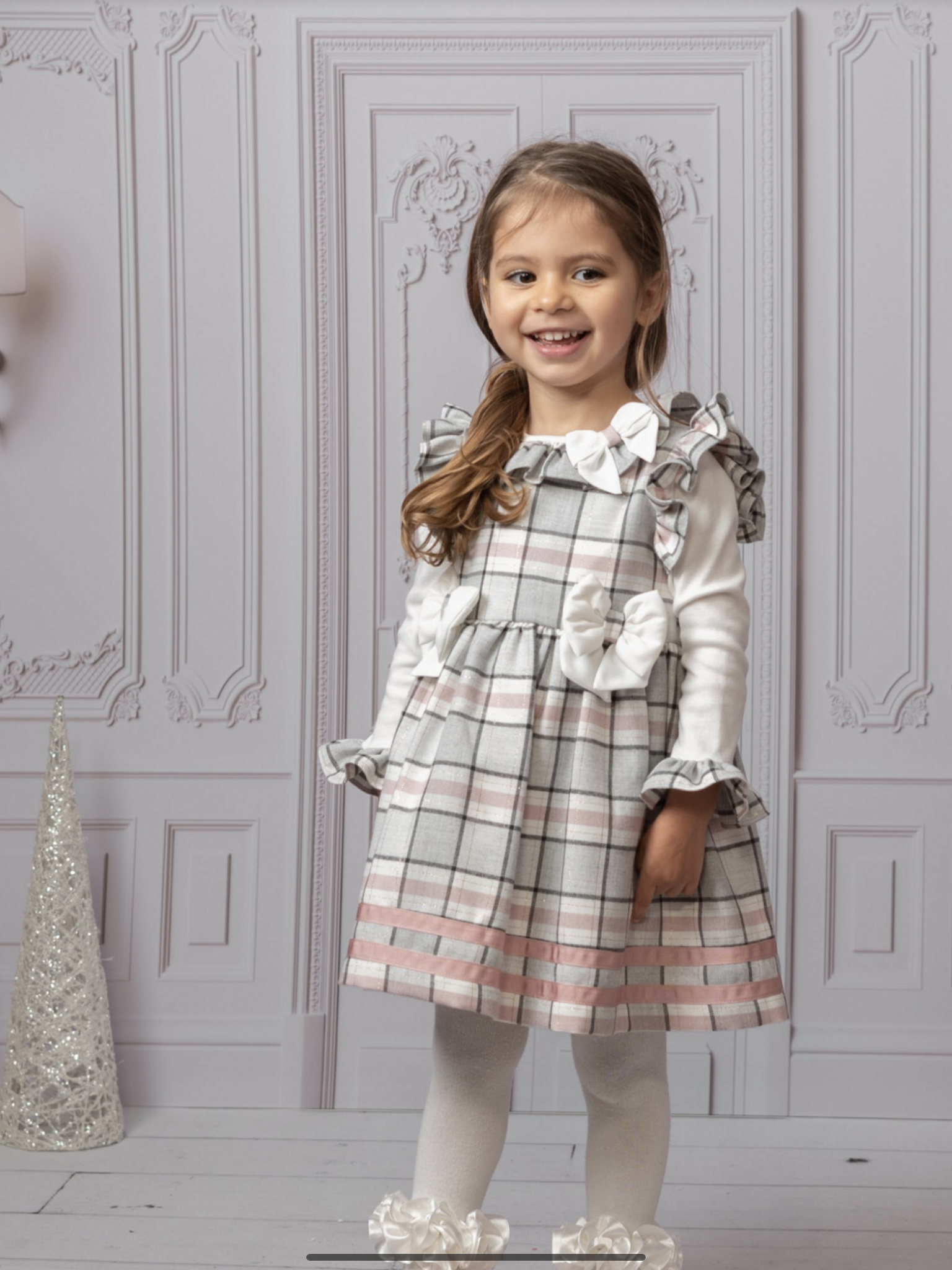 Carmelo kids pink/grey checked pinafore.       08221182