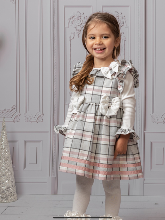 Carmelo kids pink/grey checked pinafore.       08221182