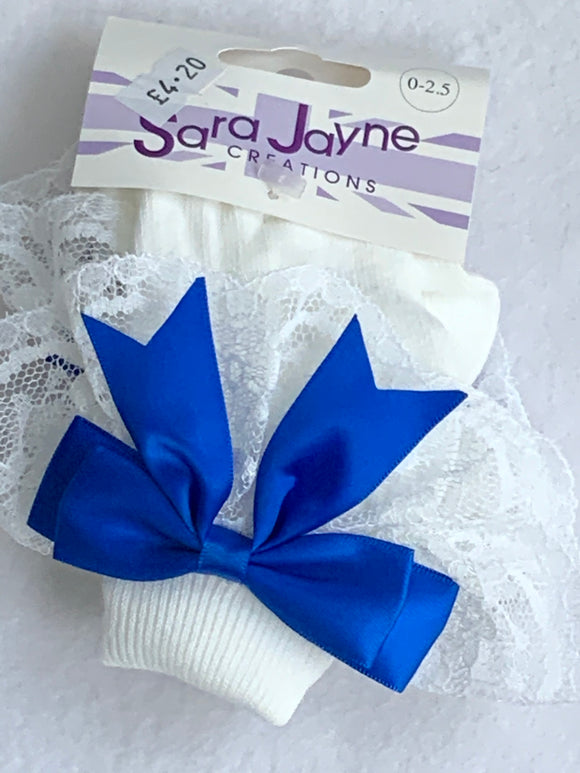 White frillySocks  with royal blue bow s5